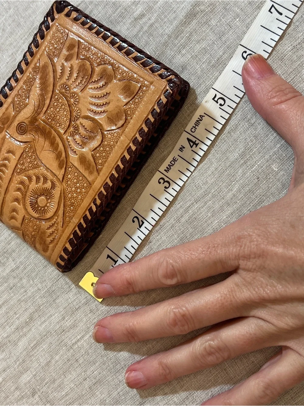 Hand-Tooled Leather Bifold Wallet - Tan with Dark Brown Trim